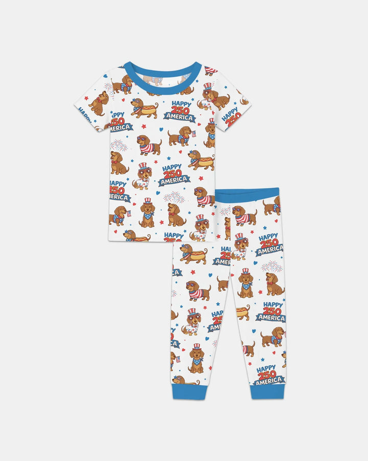 Red, White & Wiener Bamboo Two Piece Short Sleeve Pajama Set