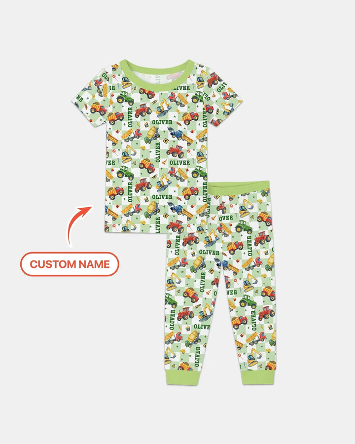 Under Construction Custom Name Bamboo Two Piece Short Sleeve Pajama Set
