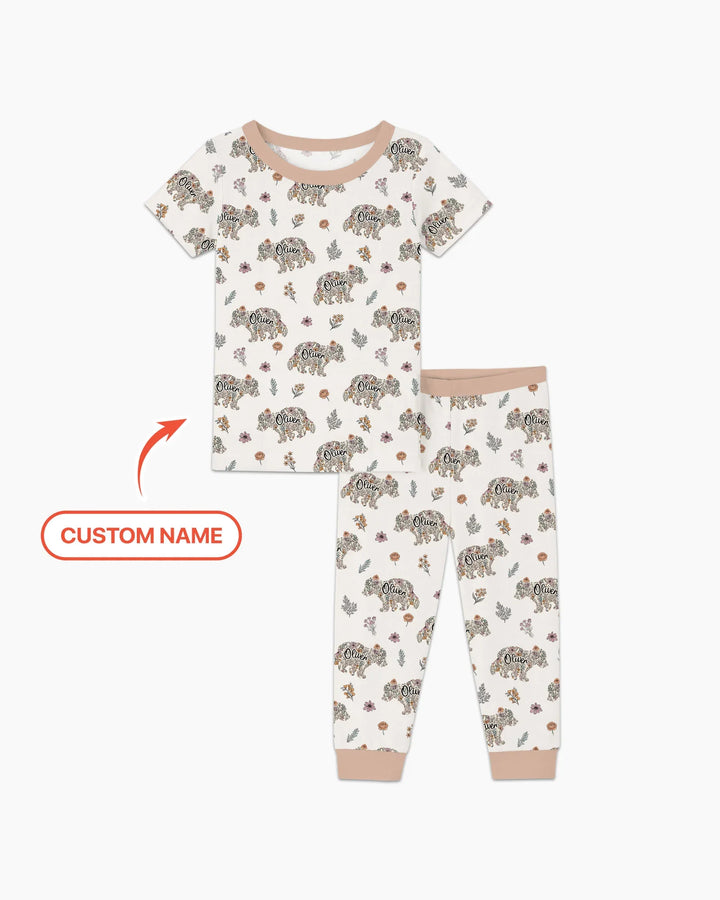 Custom Name Floral Bear Family Matching Bamboo Two Piece Short Sleeve Pajama Set