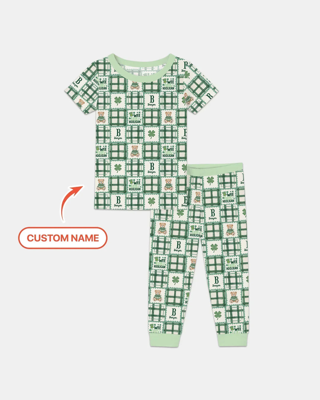 Custom Name Teddy Bear Gingham St. Patrick's Day Bamboo Two Piece Short Sleeve Pajama Set