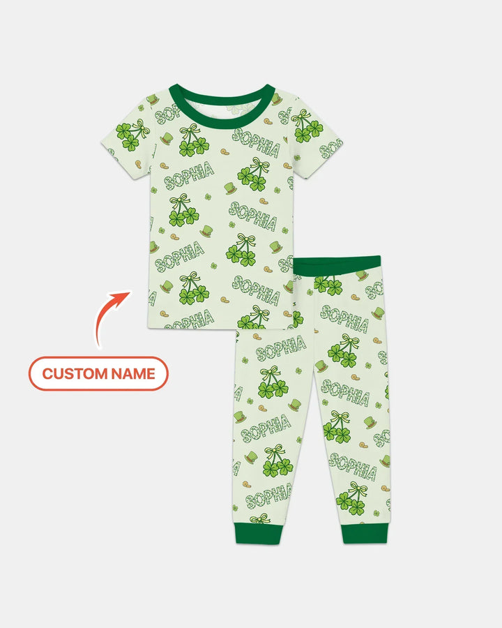 Custom Name Lucky Little Shamrock Bamboo Two Piece Short Sleeve Pajama Set