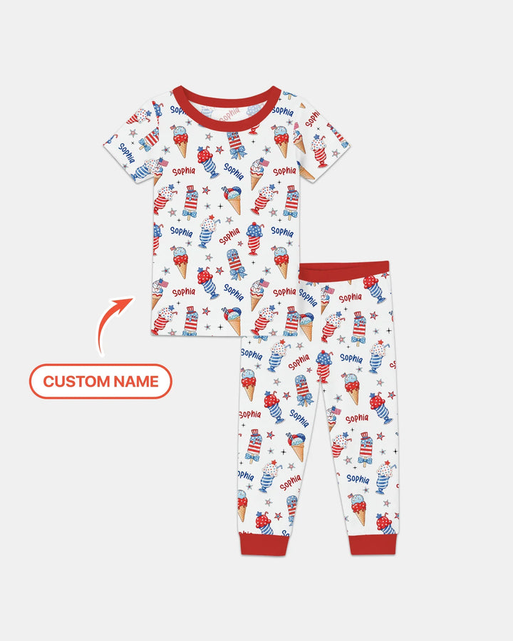 Custom Name Red, White & Ice Cream Bamboo Two Piece Short Sleeve Pajama Set