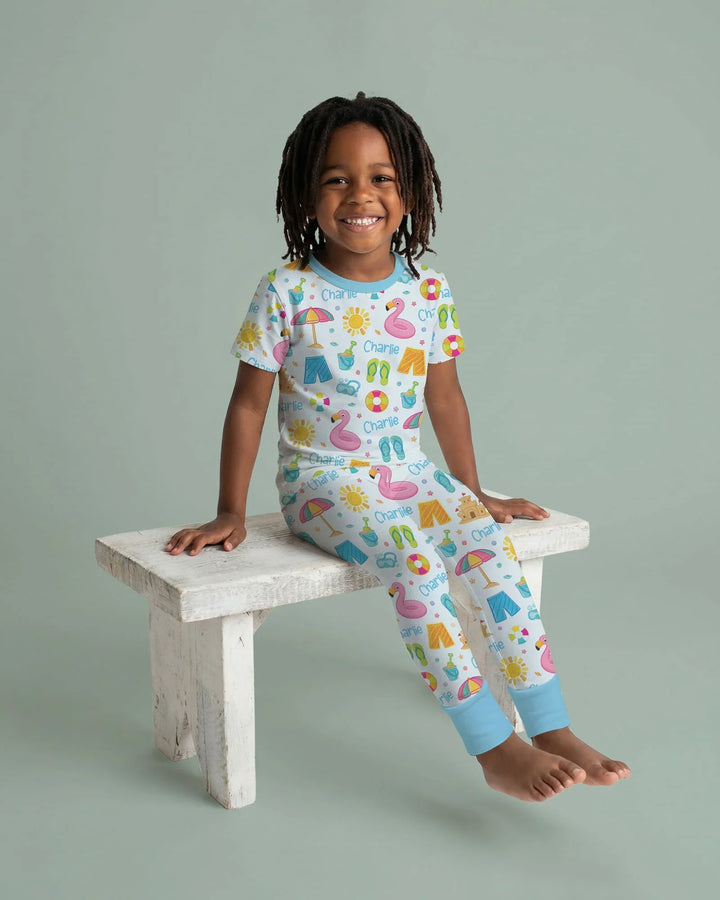Custom Name Summer is Fun Bamboo Two Piece Short Sleeve Pajama Set