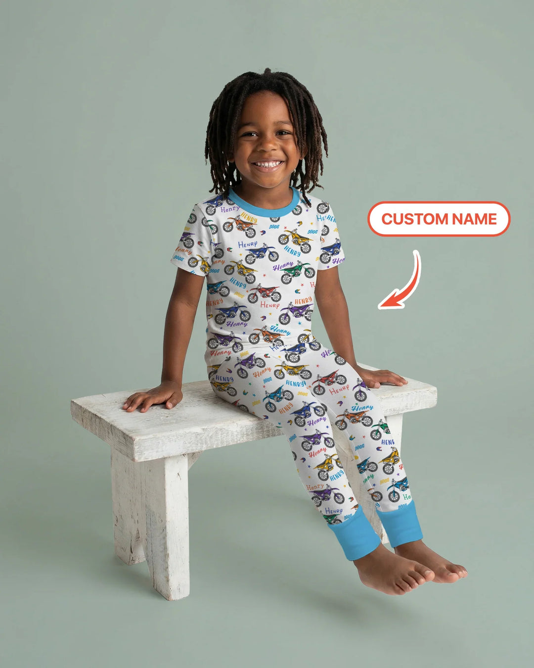 Dirt Track Dreamer Custom Name Daddy & Me Matching Bamboo Two Piece Short Sleeve Pajama Set