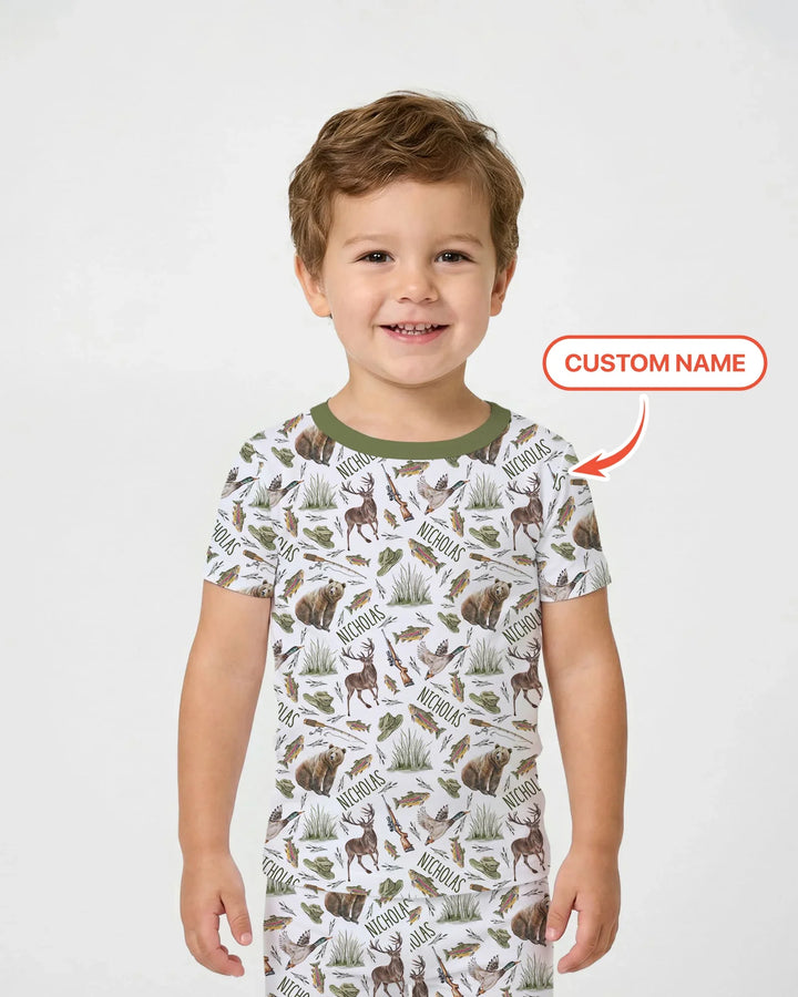 Custom Name Little Hunter Bamboo Two Piece Short Sleeve Pajama Set