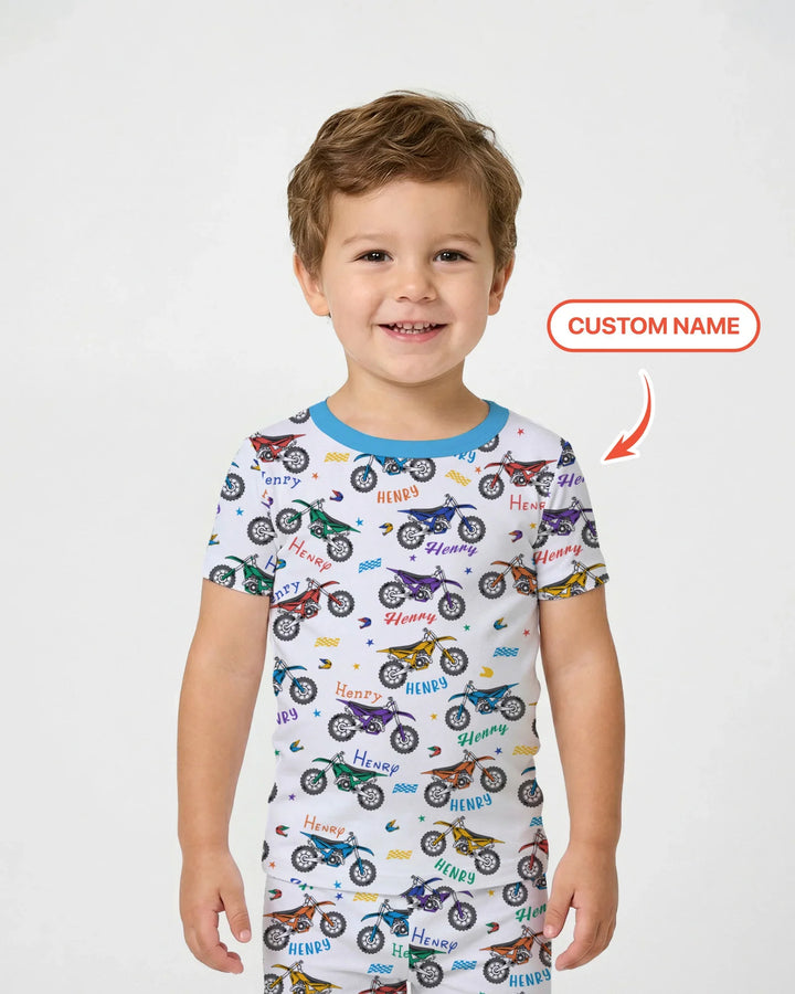 Dirt Track Dreamer Custom Name Daddy & Me Matching Bamboo Two Piece Short Sleeve Pajama Set