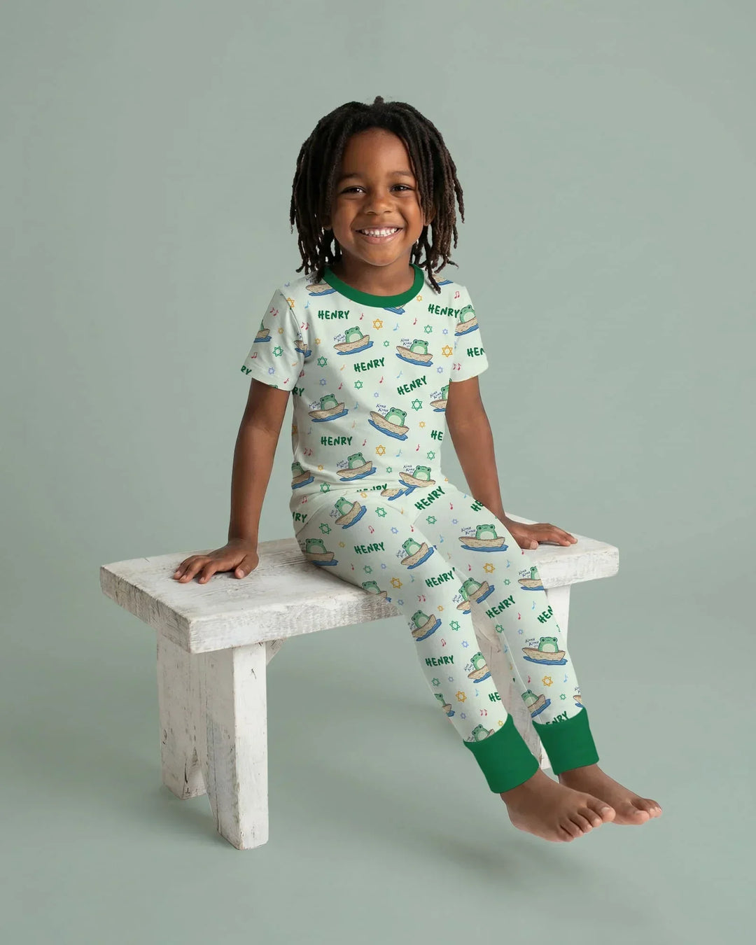 Frogs Here, Frogs There Passover Custom Name Bamboo Two Piece Short Sleeve Pajama Set