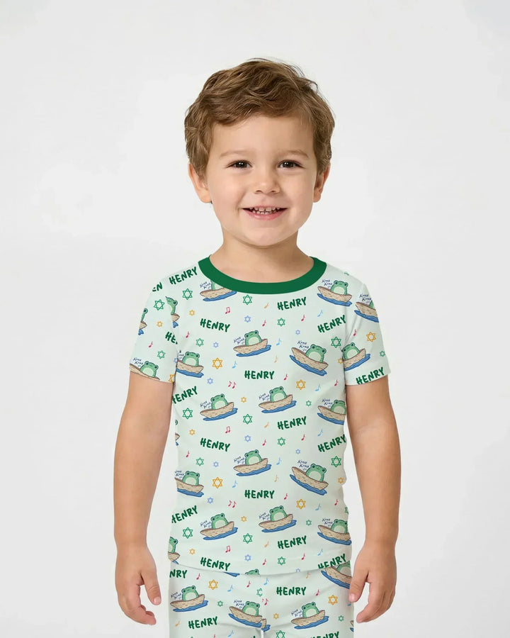 Frogs Here, Frogs There Passover Custom Name Bamboo Two Piece Short Sleeve Pajama Set