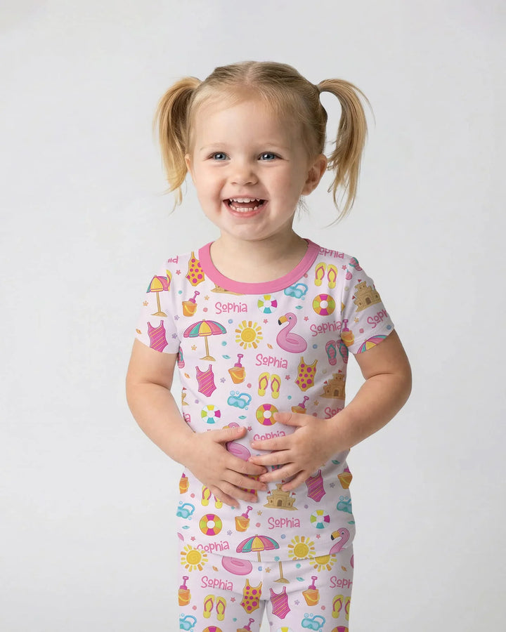 Custom Name Summer is Fun Bamboo Two Piece Short Sleeve Pajama Set