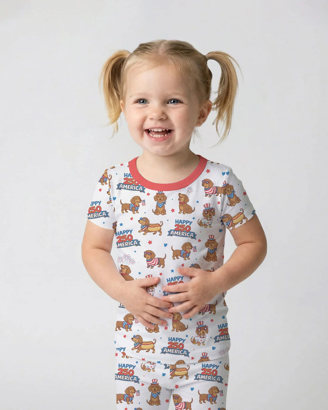 Red, White & Wiener Bamboo Two Piece Short Sleeve Pajama Set