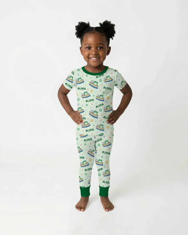 Frogs Here, Frogs There Passover Custom Name Bamboo Two Piece Short Sleeve Pajama Set