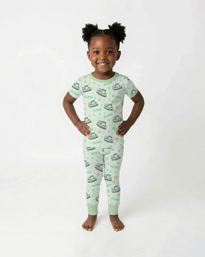 Frogs Here, Frogs There Passover Custom Name Bamboo Two Piece Short Sleeve Pajama Set