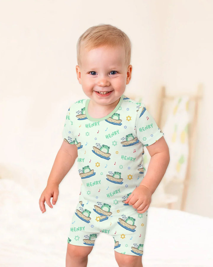 Frogs Here, Frogs There Passover Custom Name Bamboo Two Piece Short Sleeve Shorts Pajama Set