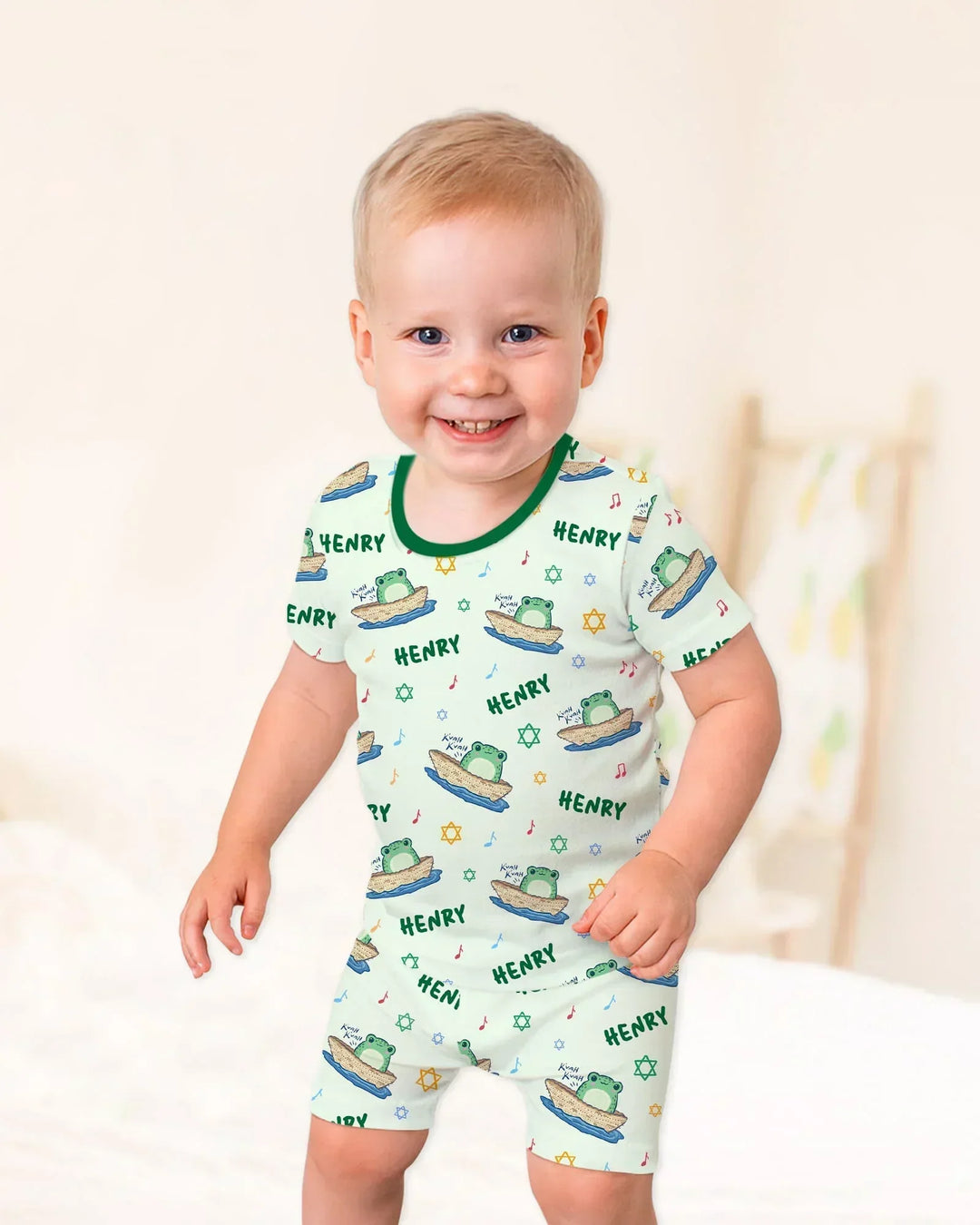 Frogs Here, Frogs There Passover Custom Name Bamboo Two Piece Short Sleeve Shorts Pajama Set