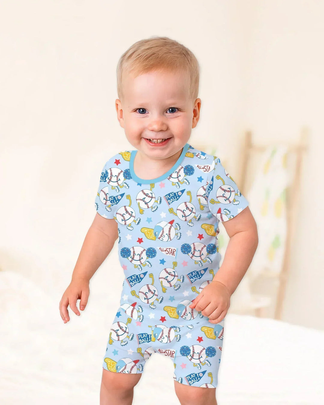 Baseball Crew Bamboo Two Piece Short Sleeve Shorts Pajama Set