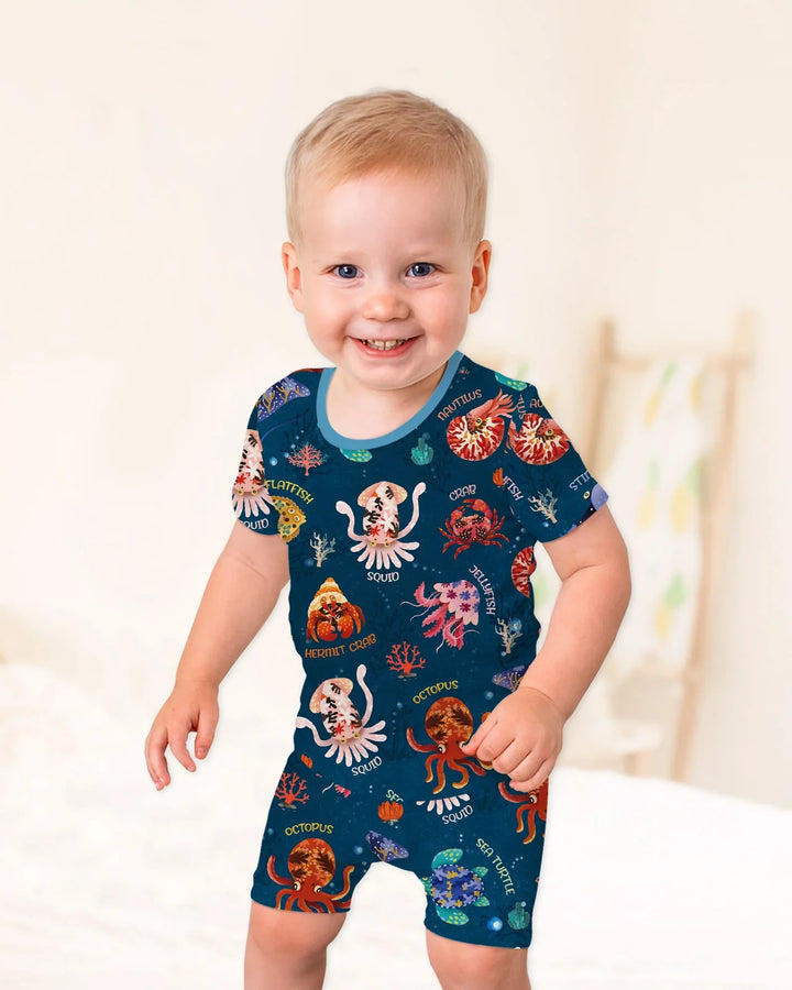 Deep Blue Wonders Bamboo Two Piece Short Sleeve Shorts Pajama Set