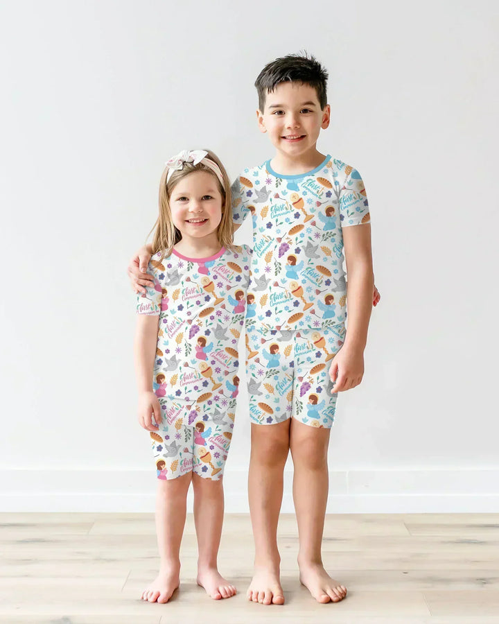 First Communion Bamboo Two Piece Short Sleeve Shorts Pajama Set