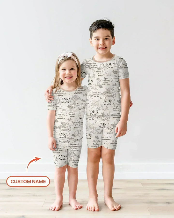 Classic Bear Bible Verse Custom Name Bamboo Two Piece Short Sleeve Shorts Pajama Set