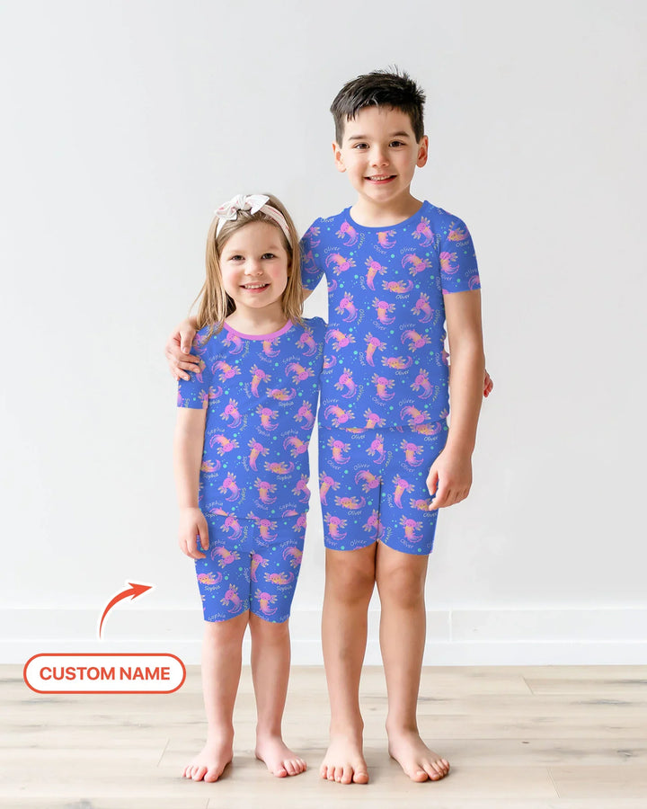 Axolotl Glow Custom Name Bamboo Two Piece Short Sleeve Shorts Pajama Set