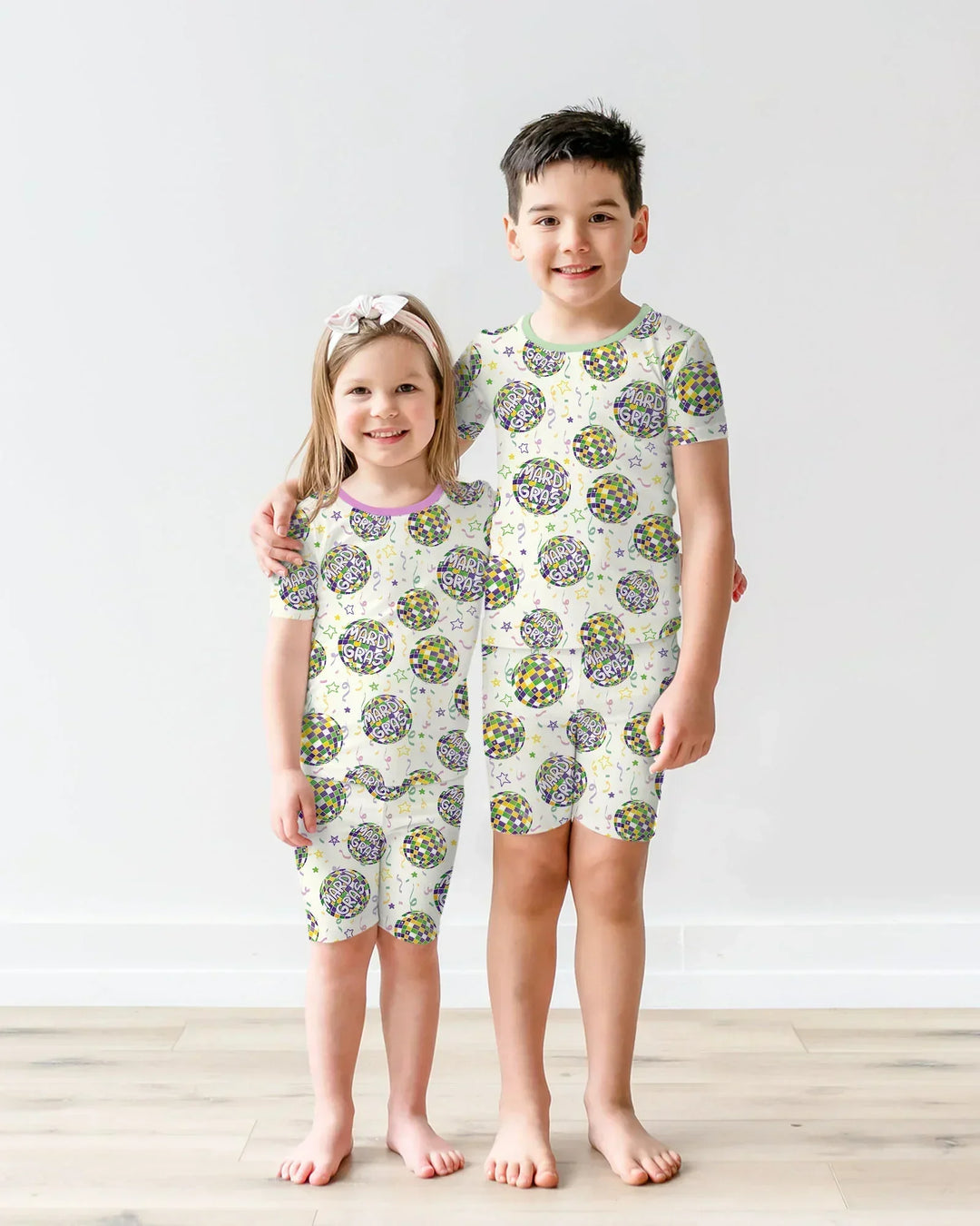 Mardi Gras Disco Ball Bamboo Two Piece Short Sleeve Shorts Pajama Set