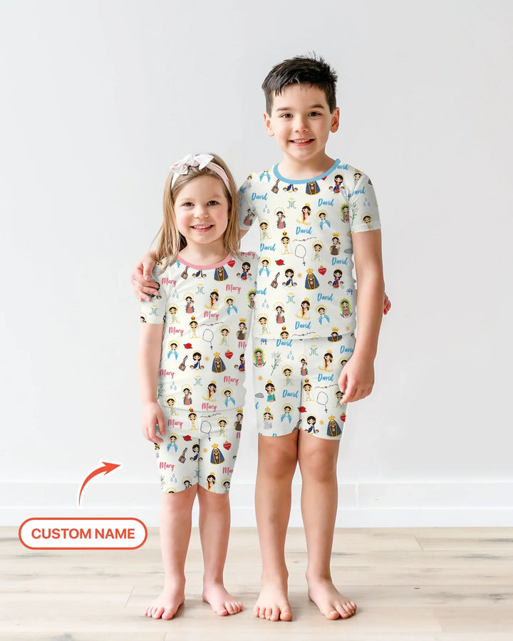 Custom Name Mother Mary Bamboo Two Piece Short Sleeve Shorts Pajama Set