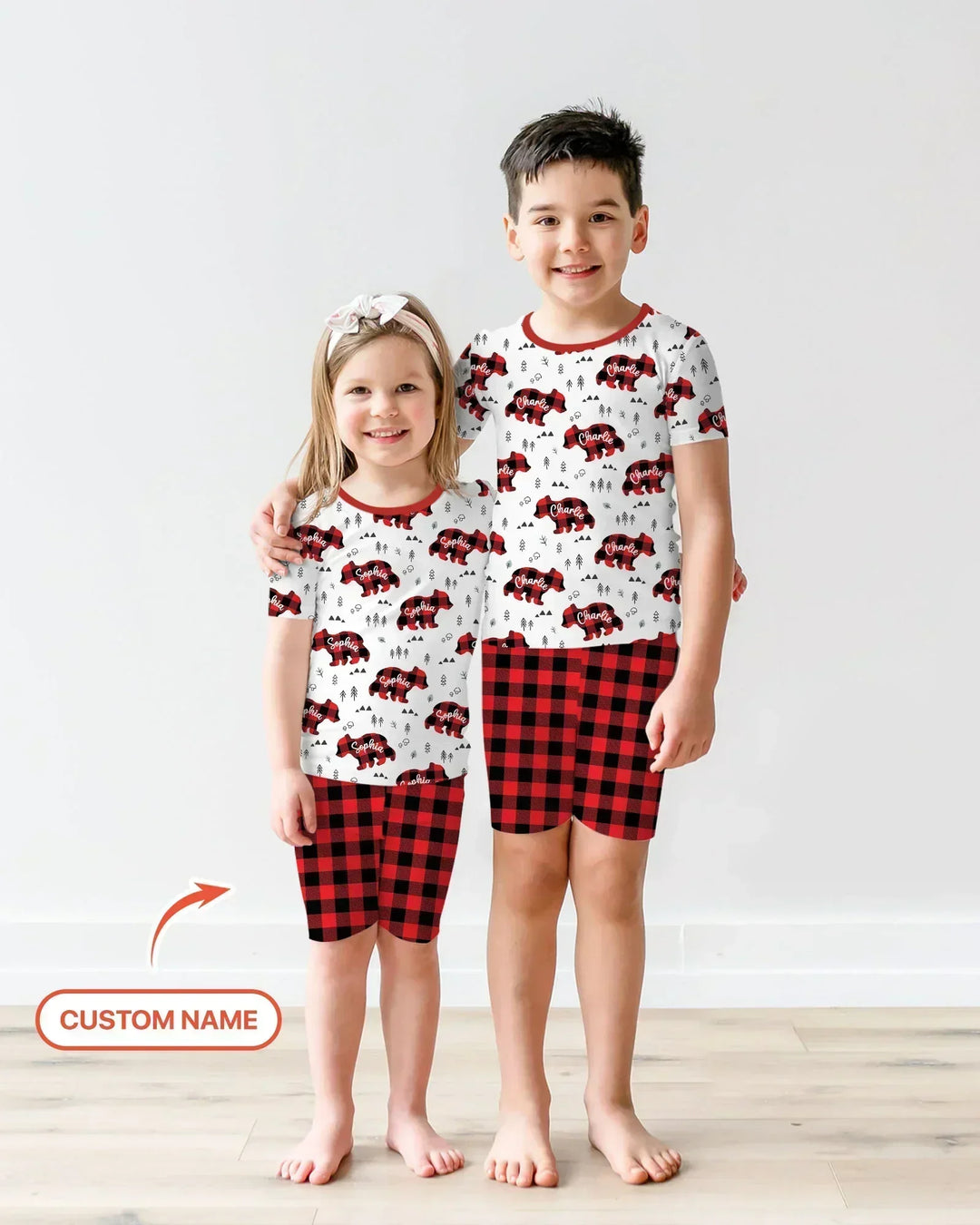 Custom Name Family Bear Matching Bamboo Two Piece Short Sleeve Shorts Pajama Set