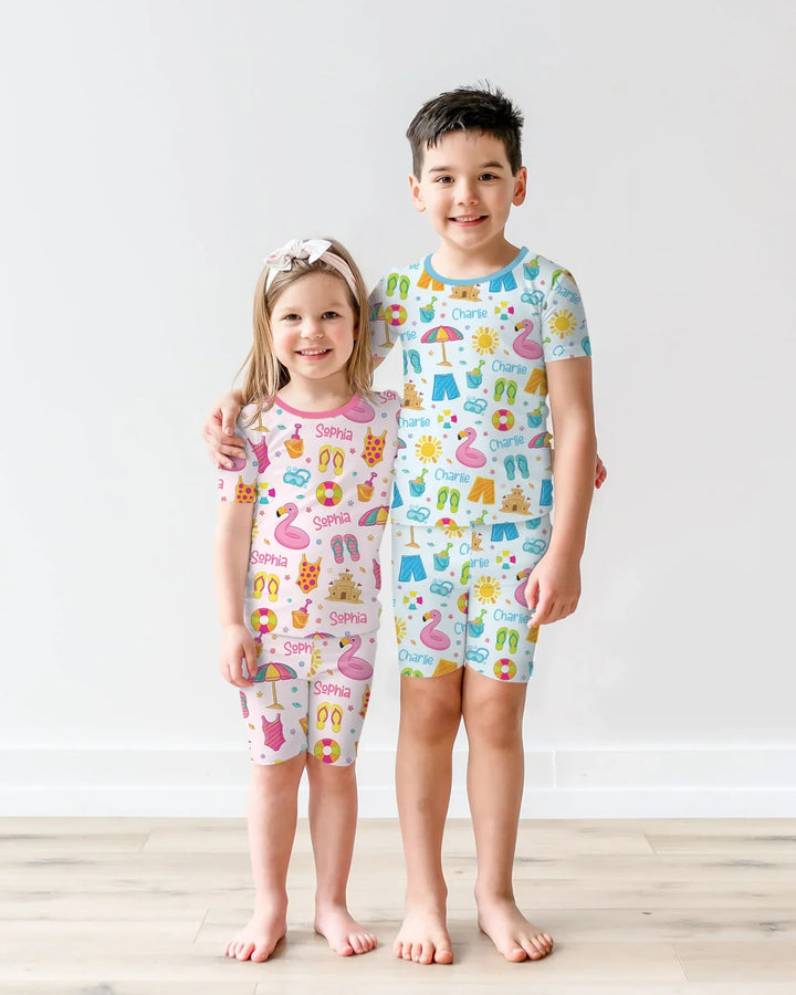 Custom Name Summer is Fun Bamboo Two Piece Short Sleeve Shorts Pajama Set