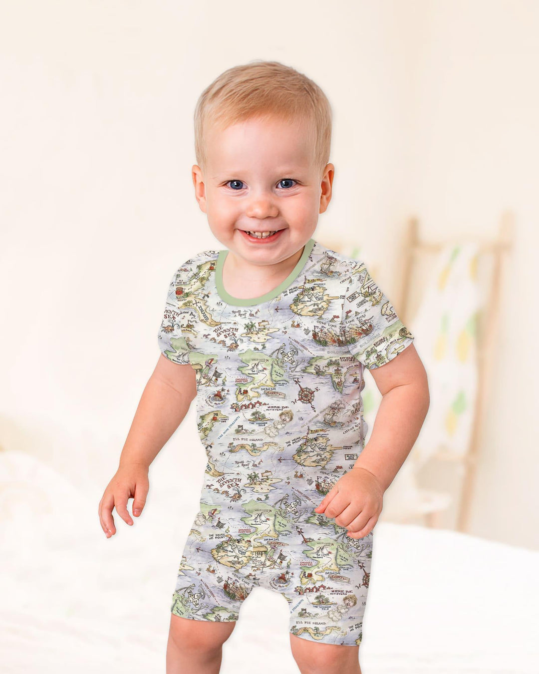 Pirate Treasure Map Daddy & Baby Matching Bamboo Two Piece Short Sleeve Shorts Pajama Set