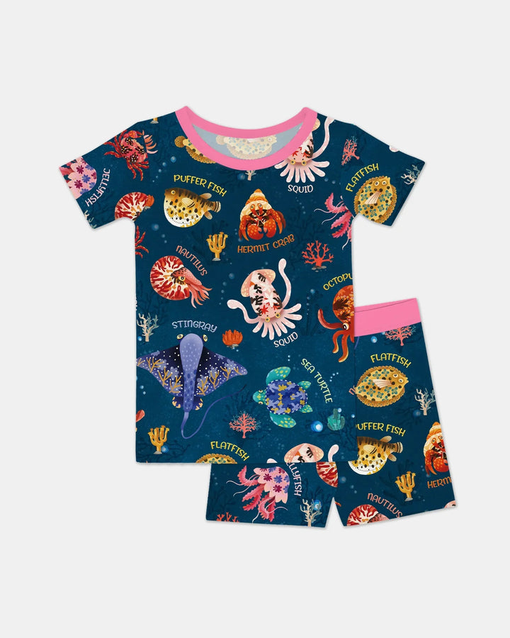 Deep Blue Wonders Bamboo Two Piece Short Sleeve Shorts Pajama Set