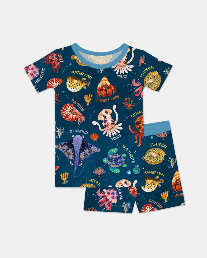 Deep Blue Wonders Bamboo Two Piece Short Sleeve Shorts Pajama Set