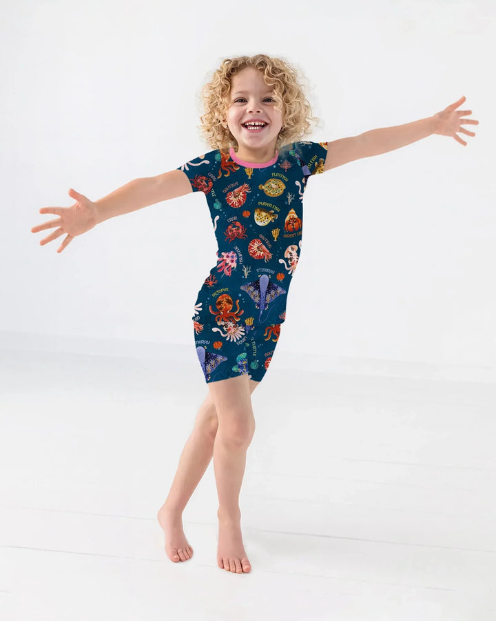 Deep Blue Wonders Bamboo Two Piece Short Sleeve Shorts Pajama Set