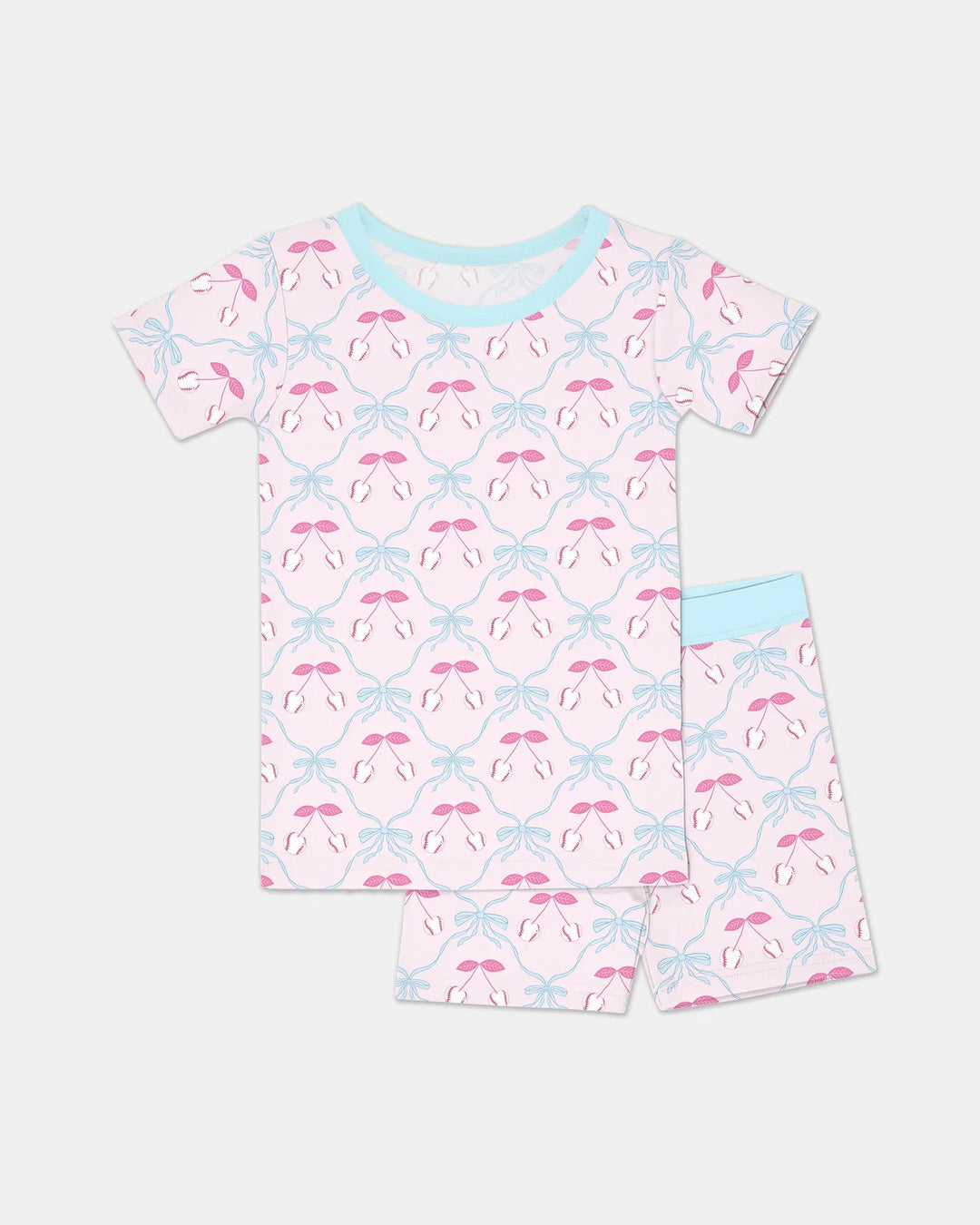 Cherry Baseball Softball Mom and Girl Matching Bamboo Two Piece Short Sleeve Shorts Pajama Set