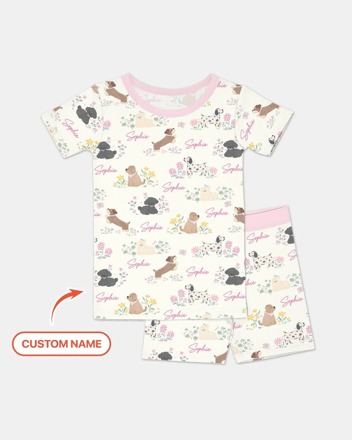 Custom Name Flower Dogs Bamboo Two Piece Short Sleeve Shorts Pajama Set