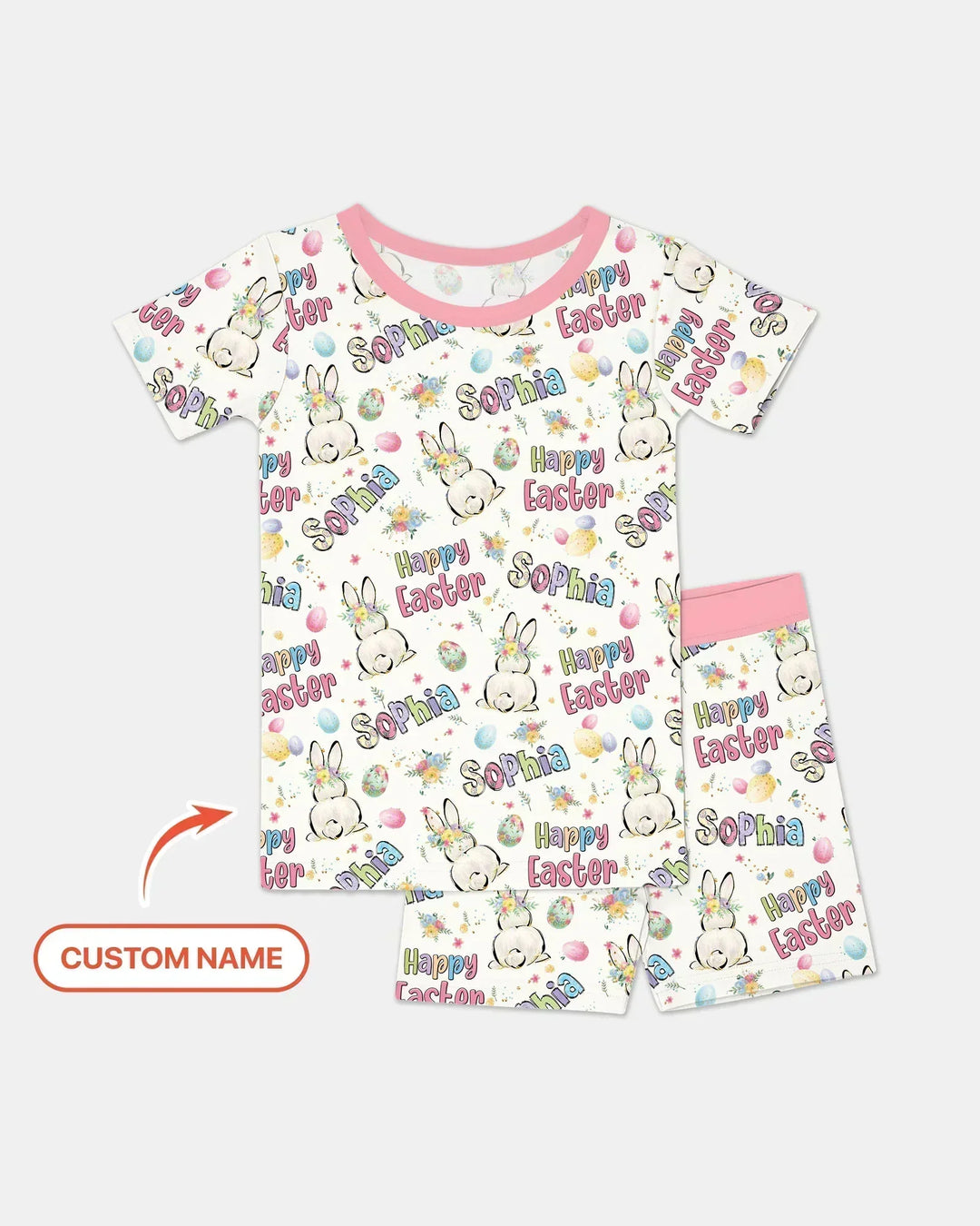 Personalized Happy Easter Bunny Bamboo Two Piece Short Sleeve Shorts Pajama Set