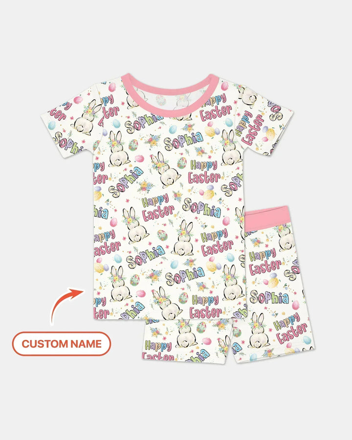 Personalized Happy Easter Bunny Bamboo Two Piece Short Sleeve Shorts Pajama Set