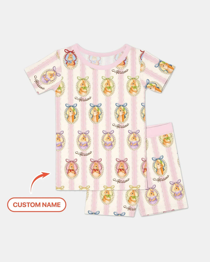 Custom Name Vintage Easter Bunny Bamboo Two Piece Short Sleeve Shorts Pajama Set