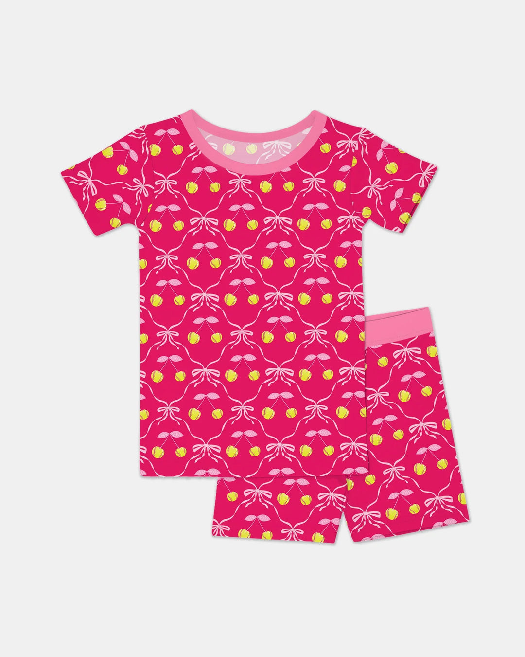 Cherry Baseball Softball Mom and Girl Matching Bamboo Two Piece Short Sleeve Shorts Pajama Set