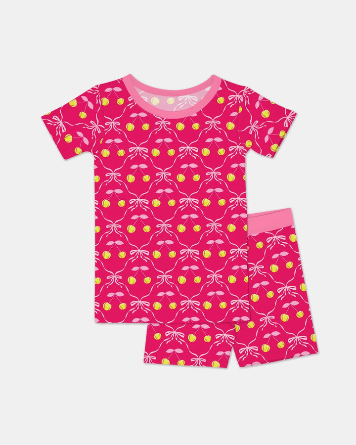 Cherry Baseball Softball Mom and Girl Matching Bamboo Two Piece Short Sleeve Shorts Pajama Set