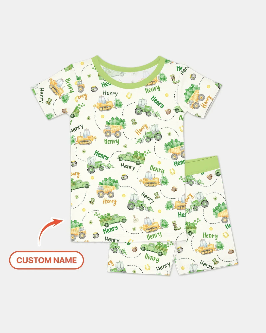 Construction St. Patrick's Day Custom Name Bamboo Two Piece Short Sleeve Shorts Pajama Set