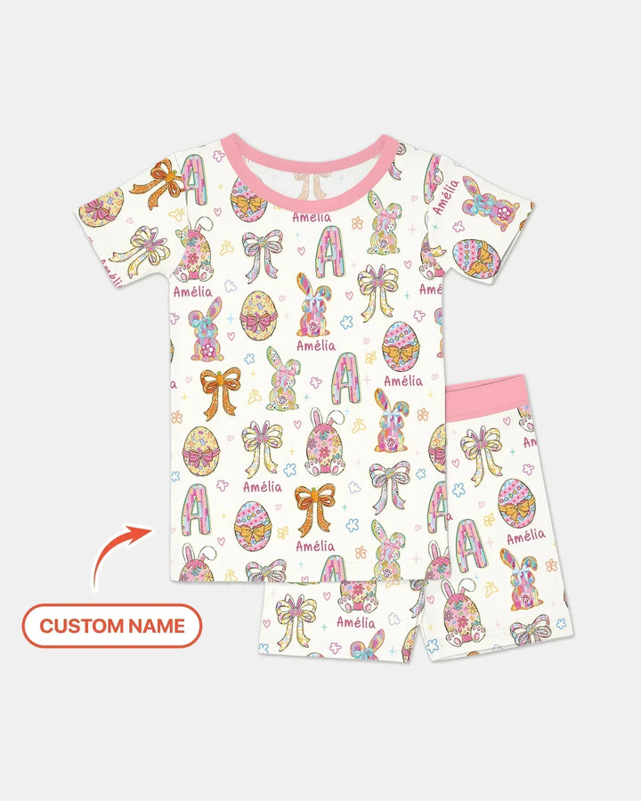Happy Easter Custom Name Bamboo Two Piece Short Sleeve Shorts Pajama Set