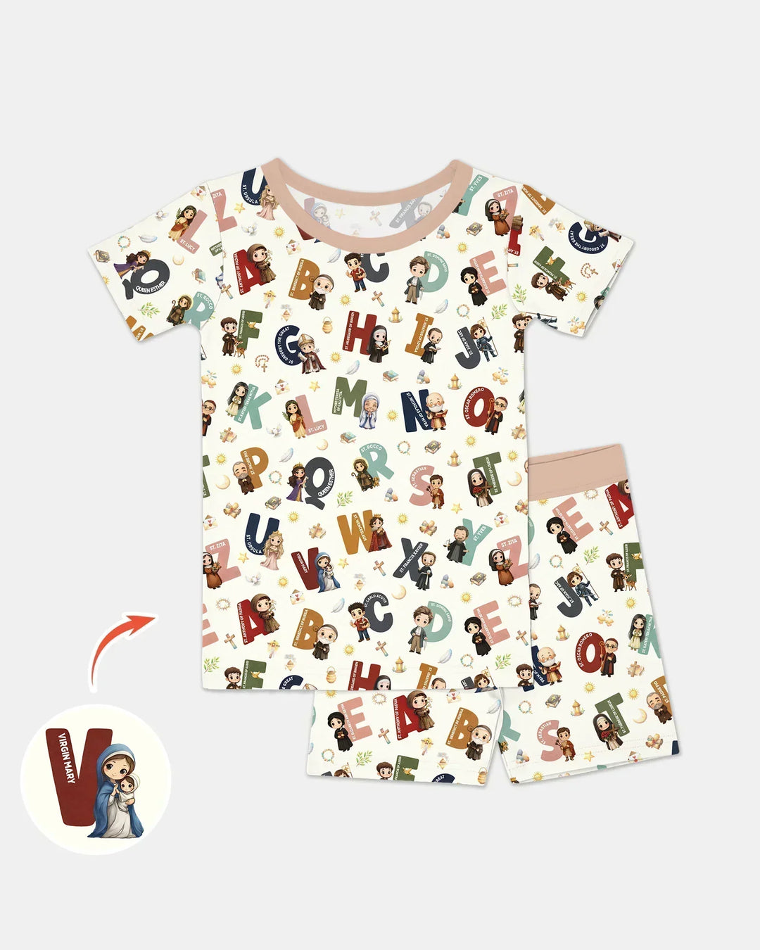 Catholic Saint ABCs Bamboo Two Piece Short Sleeve Shorts Pajama Set