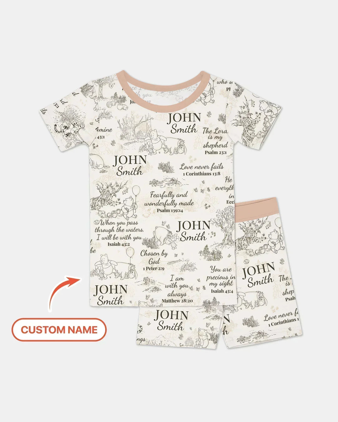 Classic Bear Bible Verse Custom Name Bamboo Two Piece Short Sleeve Shorts Pajama Set