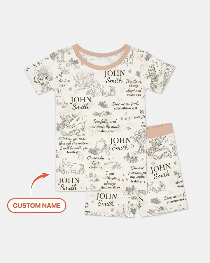 Classic Bear Bible Verse Custom Name Bamboo Two Piece Short Sleeve Shorts Pajama Set
