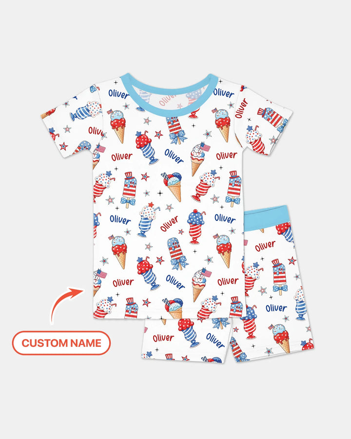 Custom Name Red, White & Ice Cream Bamboo Two Piece Short Sleeve Shorts Pajama Set