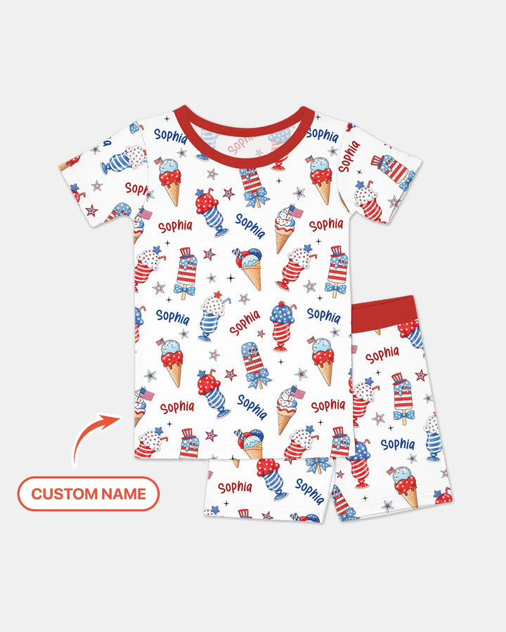 Custom Name Red, White & Ice Cream Bamboo Two Piece Short Sleeve Shorts Pajama Set
