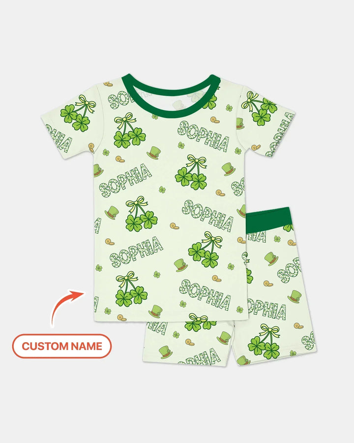 Custom Name Lucky Little Shamrock Bamboo Two Piece Short Sleeve Shorts Pajama Set