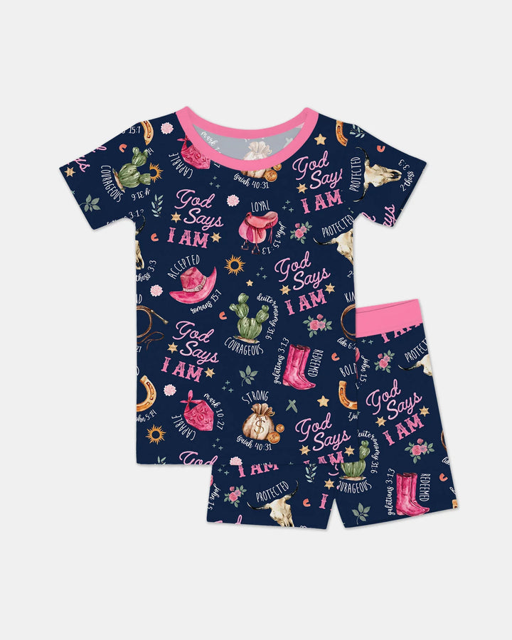 God Says I Am Western Faith Bamboo Two Piece Short Sleeve Shorts Pajama Set