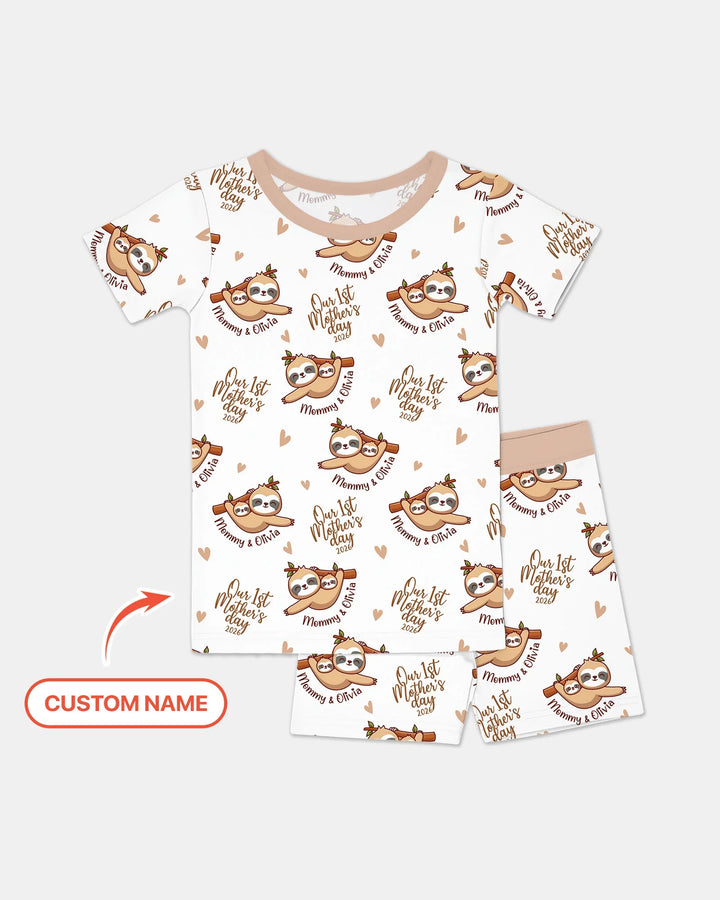 Custom Name Mama & Baby Sloth – Our First Mother’s Day 2026 Bamboo Two Piece Short Sleeve Shorts Pajama Set