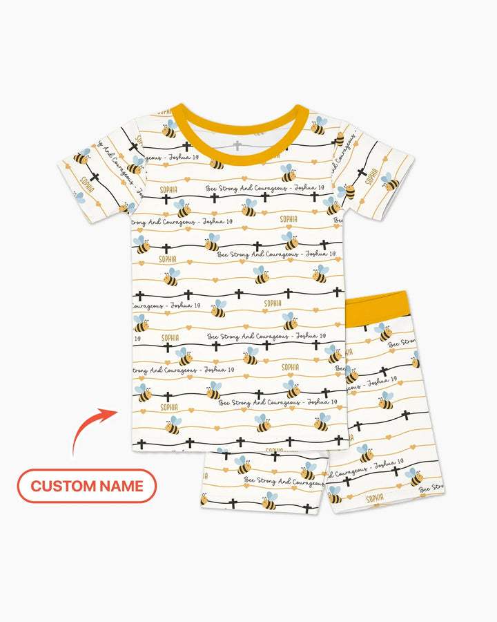 Bee Strong And Courageous Custom Name Bamboo Two Piece Short Sleeve Shorts Pajama Set