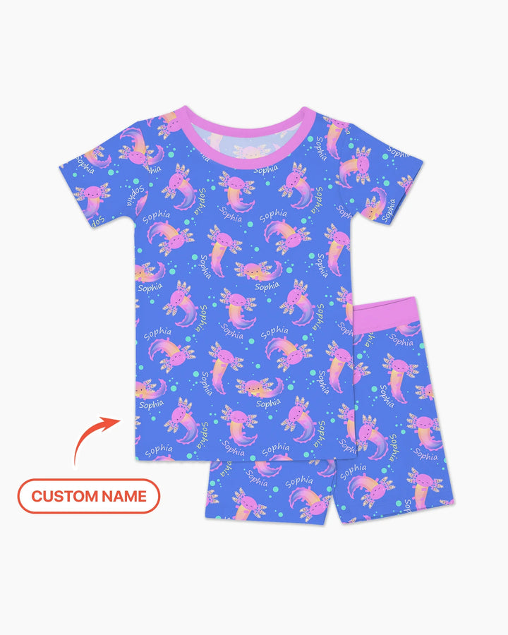 Axolotl Glow Custom Name Bamboo Two Piece Short Sleeve Shorts Pajama Set